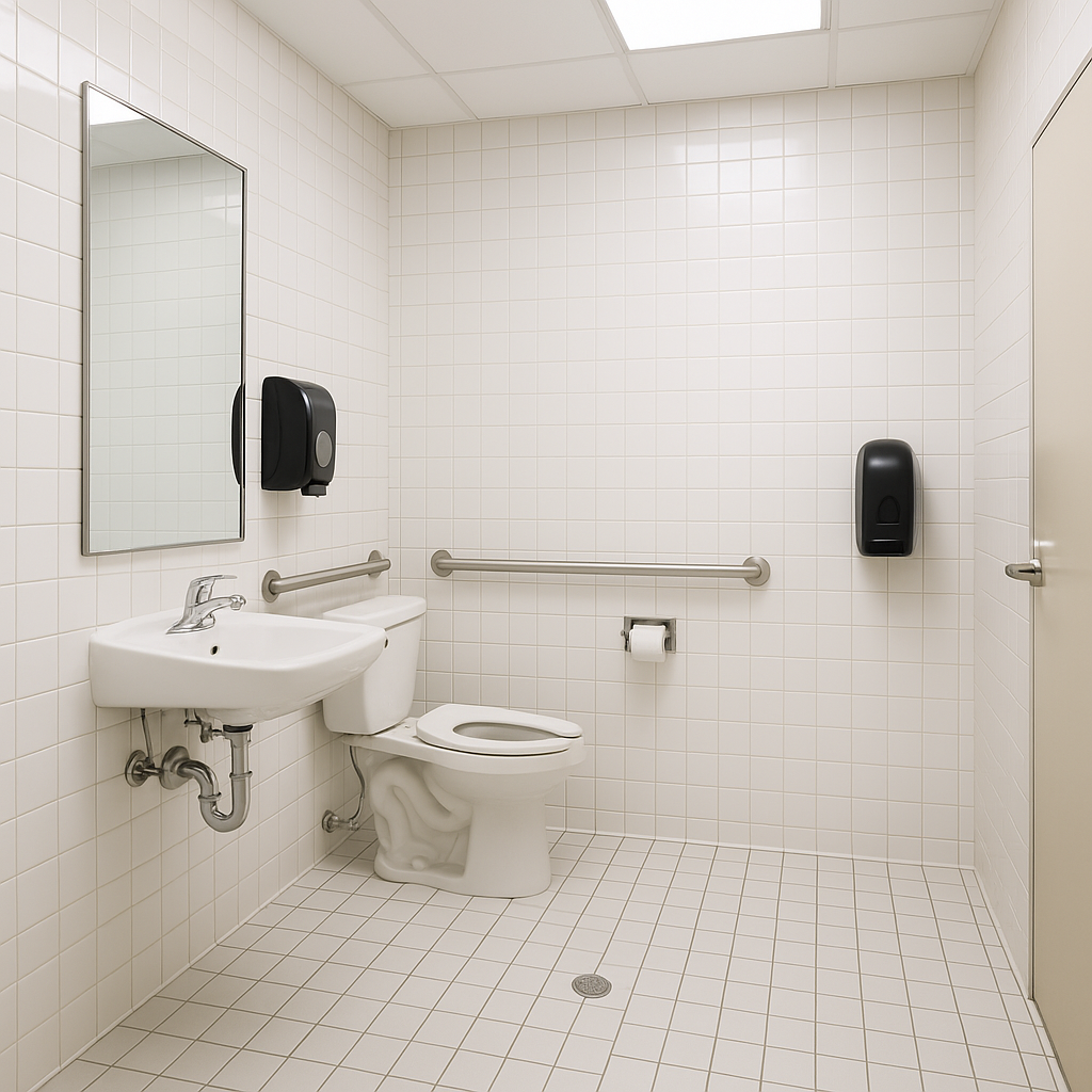 A bright, clean healthcare restroom with restored