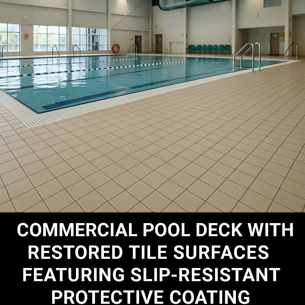 Commercial pool deck with restored tile surfaces f