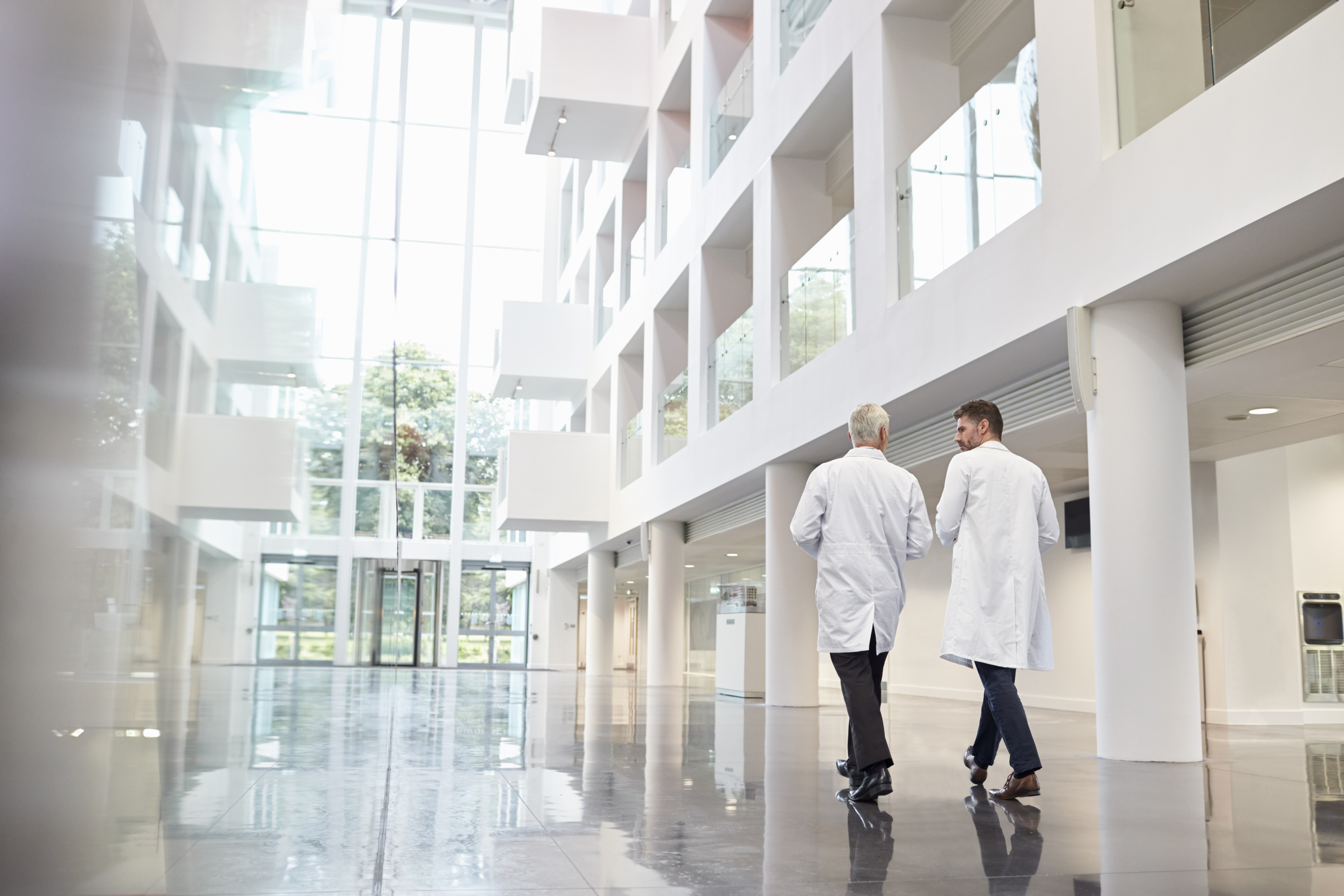 Rear View Of Doctors Talking As They Walk Through Hospital stock photo